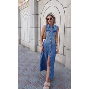 Zara Blue Denim Sleeveless Midi Shirt Dress